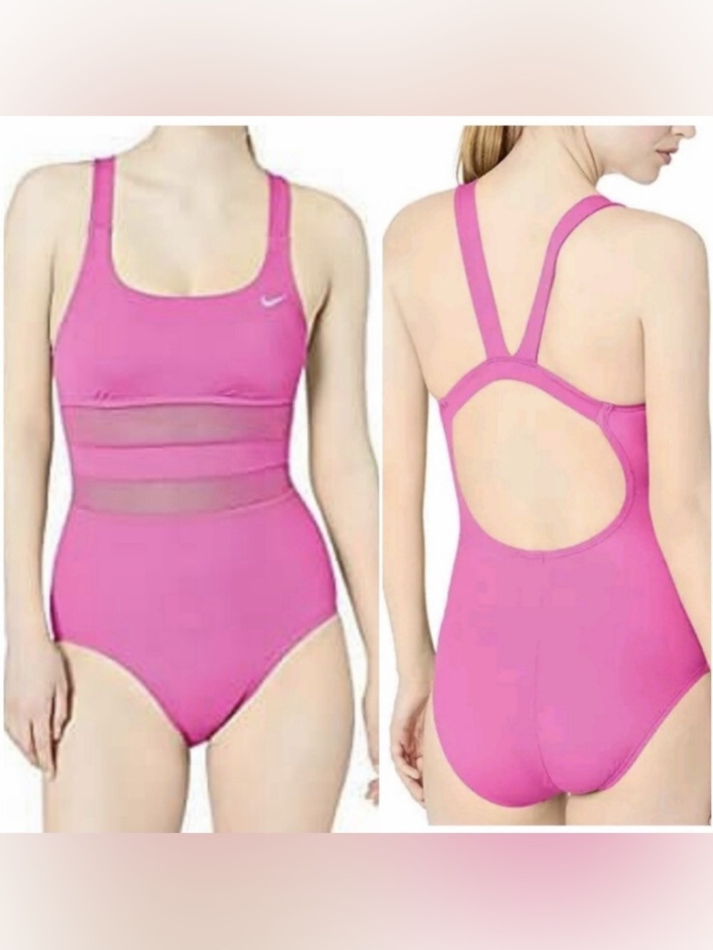 Nike | Pink Missy Mesh Solid Edge V-Back One Piece Swimsuit - Size M - Picture 7 of 7